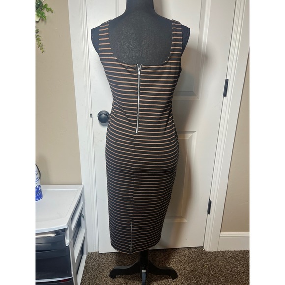 Popular Basics Black & Tan Striped Sleeveless Midi Dress XL Bodycon - Picture 2 of 6